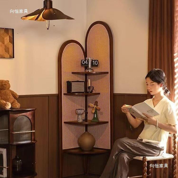 实木角客厅复古古沙发纳墙边藤编置物架子中卧室拐角柜779三角柜