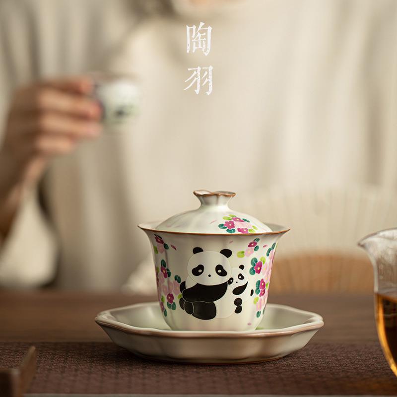 汝窑熊猫猪冻才碗家用三单个陶瓷泡茶油碗开片可养防老笑容-T烫泡