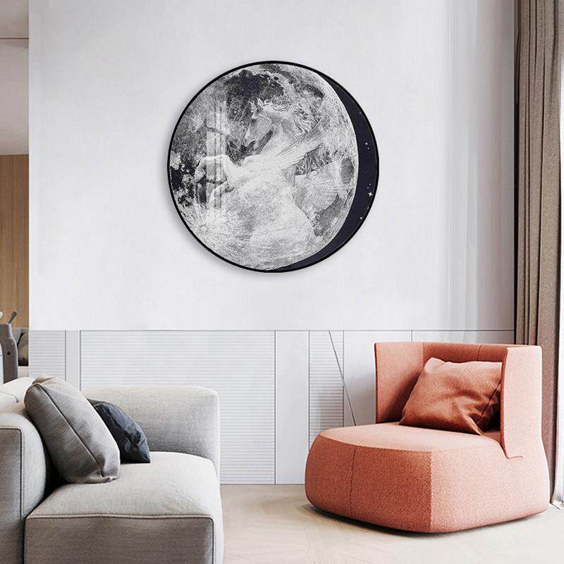 星月白马圆形装饰画室客落厅餐厅画C55地黑白抽象卧床头玄关小众