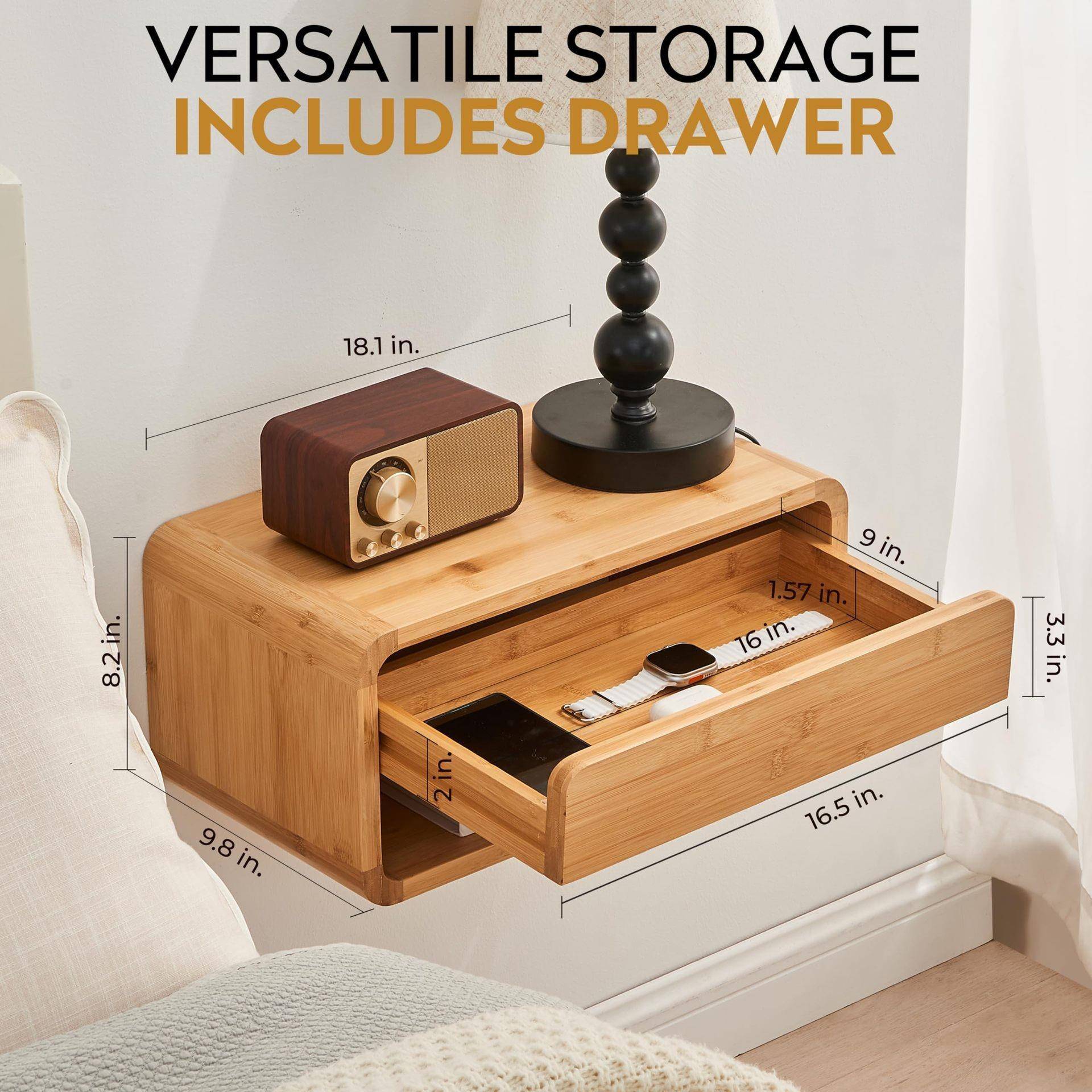 竹制侧桌抽屉放开式架子竹制浮动床头壁柜组完全装挂式SY-98562床