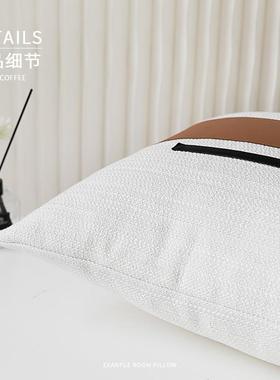 米白色BZ220604棉麻拼接橘黑色PU皮革0c轻5m大方枕现代奢样板间靠