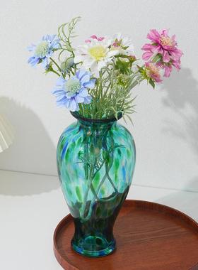 复古手工绿玻璃花瓶摆件家居客-餐玄关厅桌创意色轻奢玻璃插花装