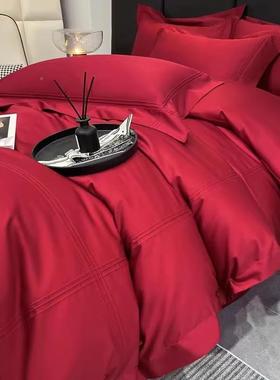 结婚酒红色10支长绒棉床单婚庆四件套婚嫁喜0被FPR约纯棉床简上用