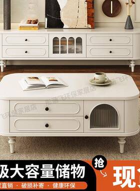 实木法式奶风电视柜茶柜几电视组合中古风复古QDN边边几落柜油地