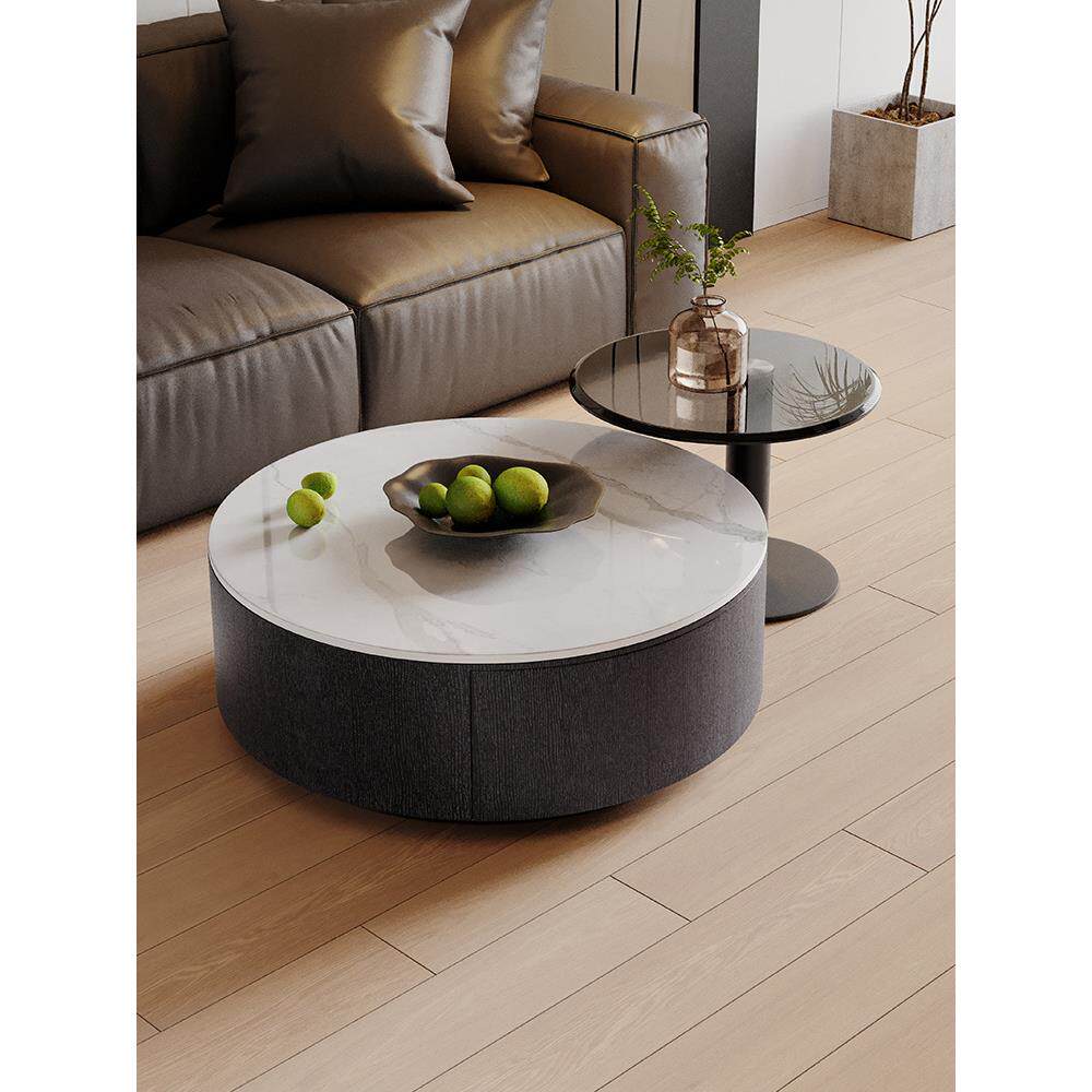 意式奢小户型圆形轻岩板茶几极简客厅茶几现代简985约璃钢小化玻