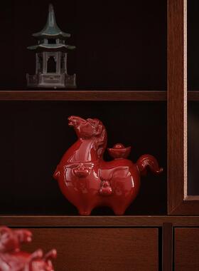 马上有钱摆陶瓷红色招财唐马件艺创YA181818客意工中式厅办公室家