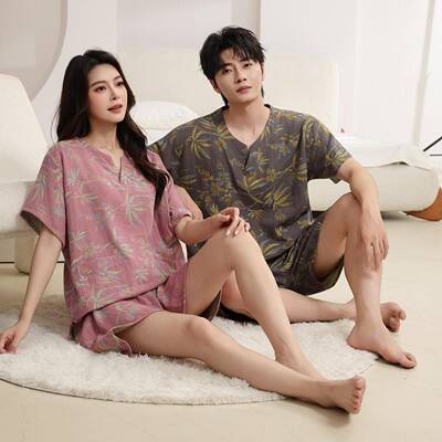 双层纱袖棉家居服短WNFUGEXP汗蒸服情浴服韩侣版按摩女款女汗情侣