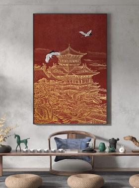新中式装饰画客厅玄关壁画红色阁楼仙鹤肌理艺术竖版走廊过道挂画