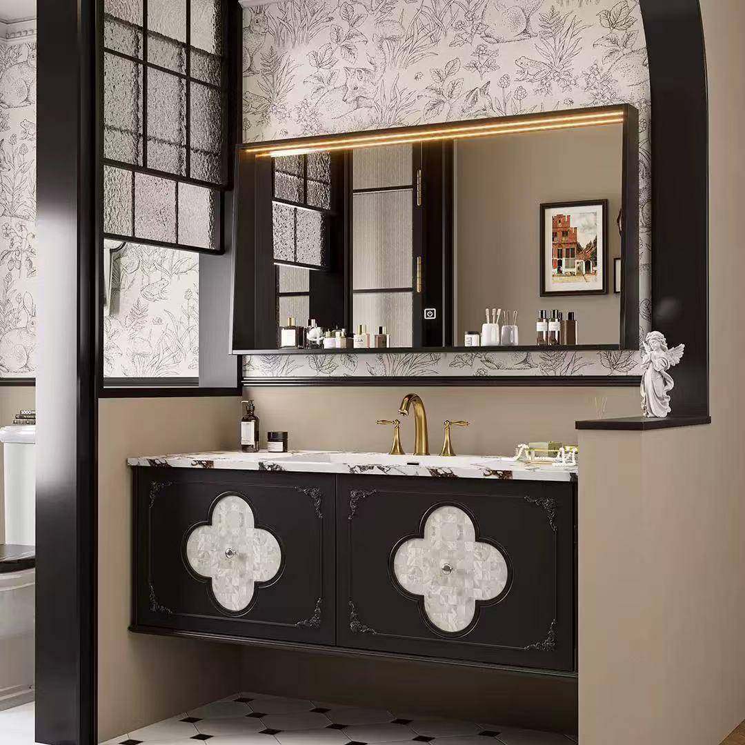 新款法式黑色浴室柜组合橡木陶瓷一体复古卫生间洗漱洗手洗脸台盆