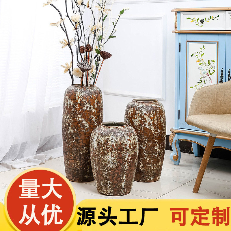 陶瓷花瓶 复古做旧落地大花瓶欧式摆件家居软装饰品 配家具大花瓶