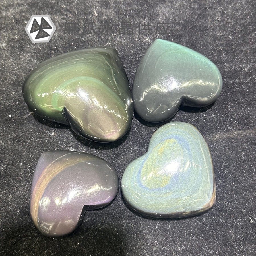 货源水晶厂家天然黑曜石彩曜石爱心把玩彩虹眼心形摆件跨境热销品