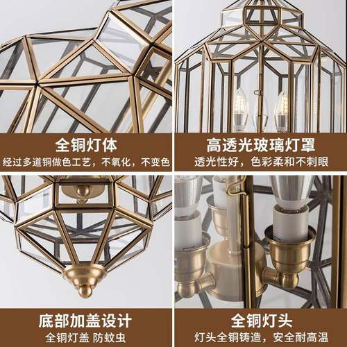 美式全铜吊灯入户门厅阳台走廊灯楼梯焊锡玻璃灯复古灯具