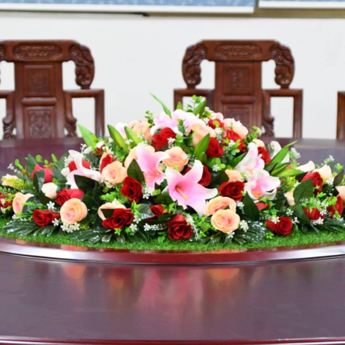 餐桌假花大圆桌中间装饰花摆件人造花圆形转盘绢花草坪草毯花