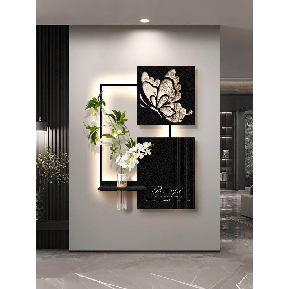 2025新款轻奢玄关感应带灯装饰画水培绿植蝴蝶挂画入户正对门壁画