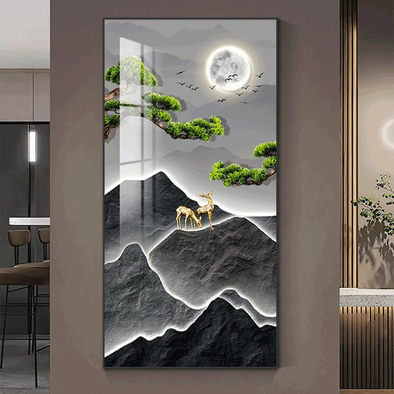 led灯玄关装饰画过道走廊挂画迎客松新中式入户正对门口壁画轻奢