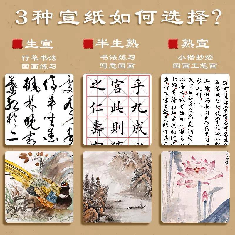宣纸书法纸半生半熟生宣熟宣国画纸四尺整张对开三开半开4尺六三