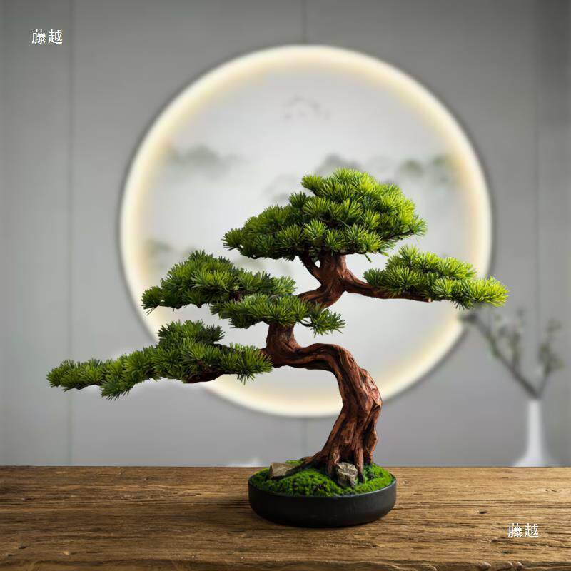 客厅实木迎客松酒店桌面玄关绿植物假松树罗汉松盆景室内摆件