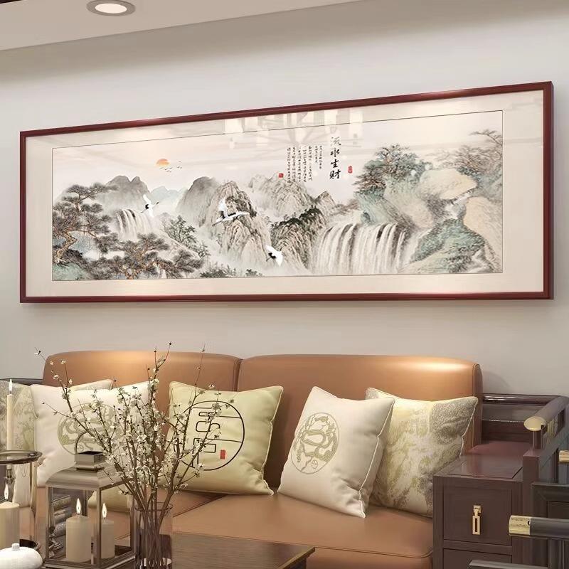 装新中背式山水画客厅挂靠山有山国画办公室茶室沙发画景实木WHL