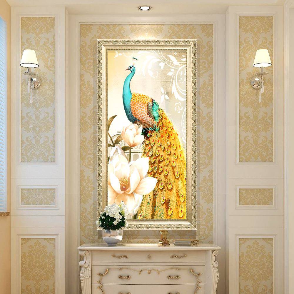 欧式入户玄关油画简欧走廊进门玄幻装饰画挂画竖版过道孔雀壁画