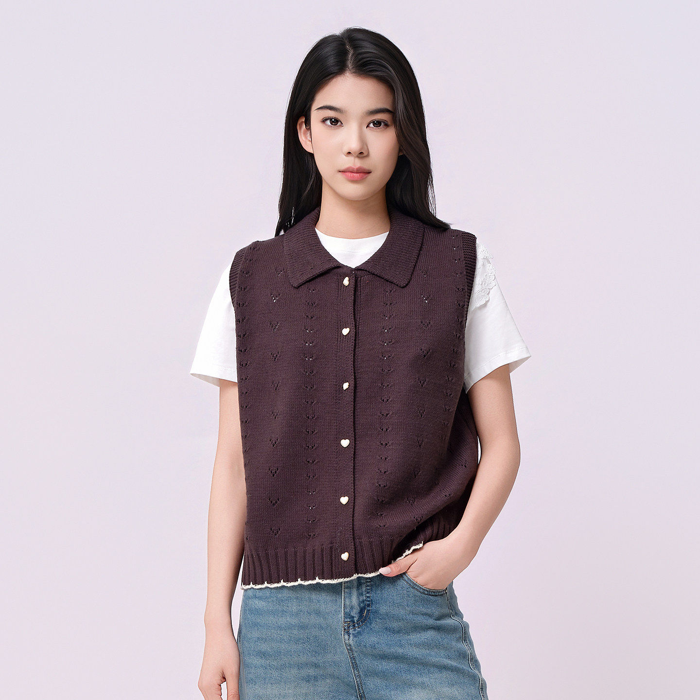 法柚2026夏季新款翻领针织开衫马甲女小个子叠穿镂空毛衣背心