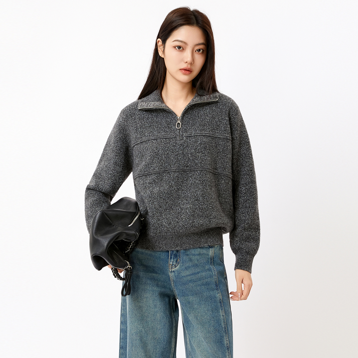 法柚长袖开衫2025冬季新款毛衣针织衫女宽松休闲半拉链针织上衣