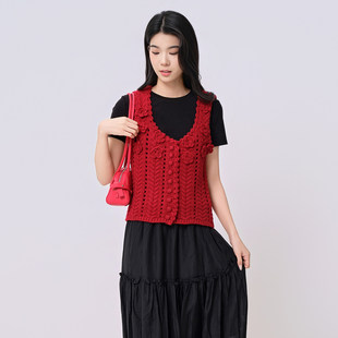 法柚2026夏款重工钩花法式针织马甲红色立体花朵显瘦气质上衣