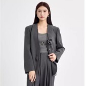 新款 气质设计感系带中长款 V领西装 法柚2026春装 外套花朵装 饰女