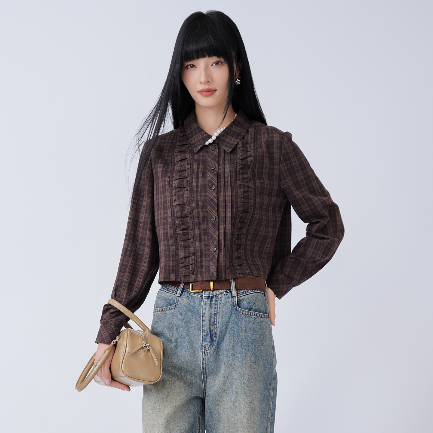 法柚衬衫格子2026春秋新款纹花边设计感长袖衬衣小众百搭上衣女