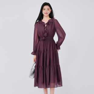 法柚连衣裙2026春装新品长袖修身V领飘带收腰安可拉红长裙子女