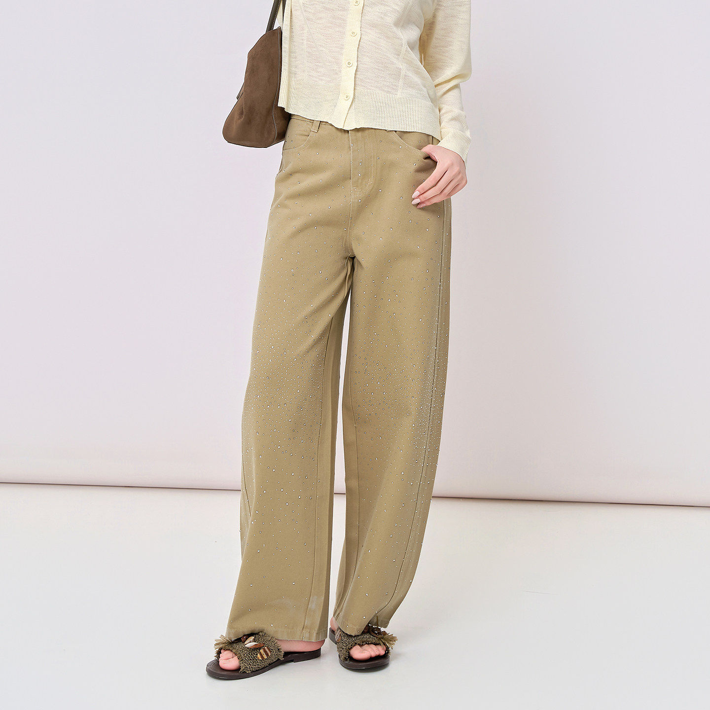 法柚2026夏款新款卡其色阔腿裤女感弯刀高个子窄版直筒裤女装