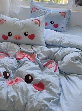 A类巾水洗棉卡通猪猪四套纯pxx10032色床笠毛绣被儿童套学件生宿