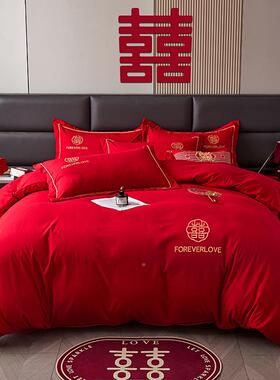 结婚大红色床单婚四件轻奢套简约水洗毛新娘庆磨陪嫁FS759416床笠