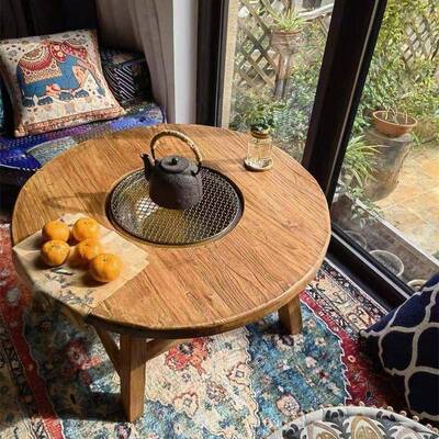 能围炉木QLY烧烤煮功茶长方形庭院家用老榆不阳台复古原木茶桌含