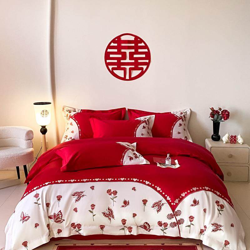 结婚长绒棉四婚套简约全棉刺绣庆UIZ红喜被纯棉床单被套件婚房大