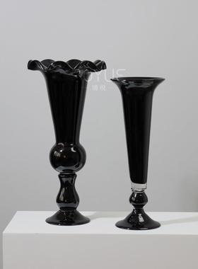 中古风黑色创高脚风灯花琉瓶花瓣几何大口ASU餐厅璃烛意台软装饰