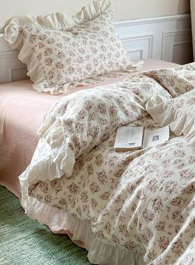 韩系碎花复皱皱柔纱四件套A类全棉软双层纱布古花81874纯边棉双人