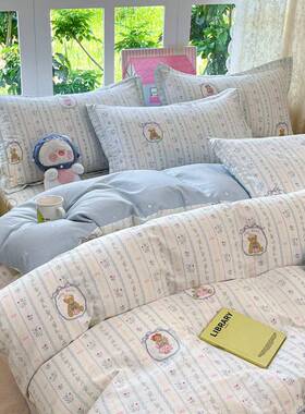 棉新小清纯印花四件套全棉简约可爱卡通床被单套床笠款宿舍三PNA