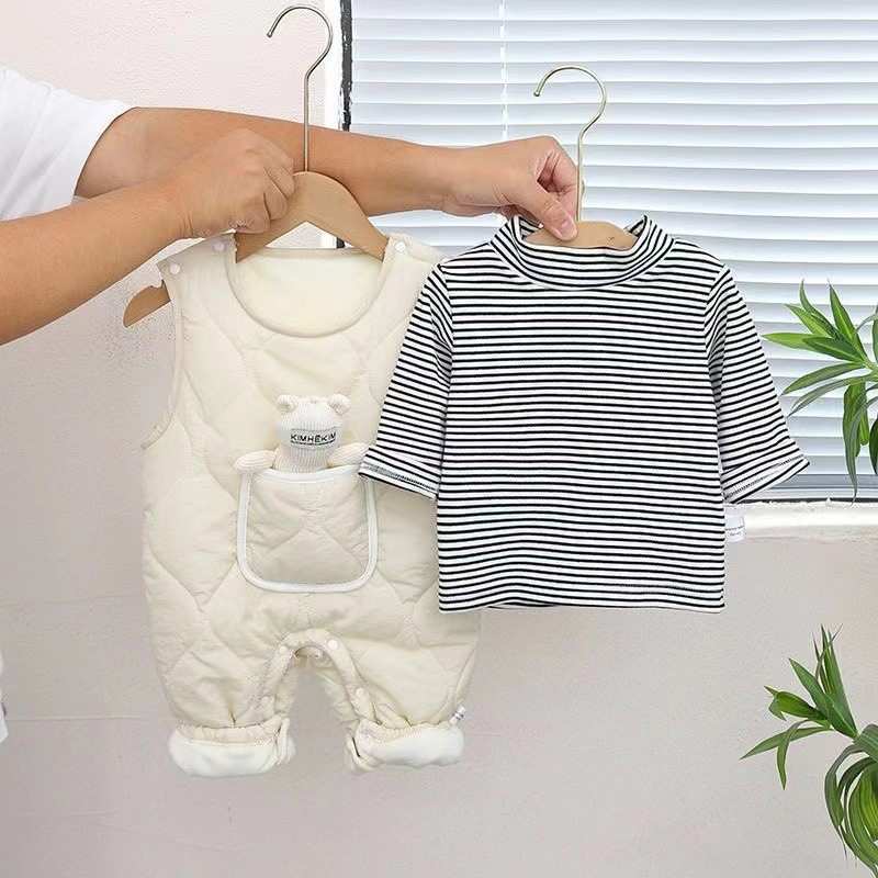 婴儿连体衣背带裤秋冬装男女宝宝加棉加绒超萌哈衣外出服爬服套装