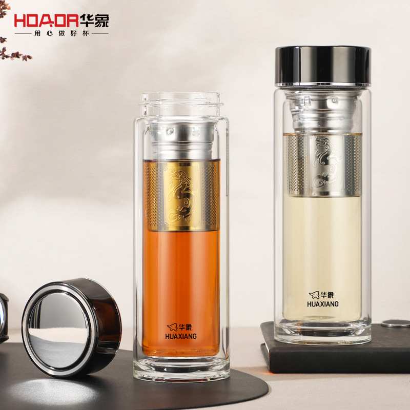 高硼硅双层玻璃杯华象2260号耐高温隔热加厚办公家用泡茶杯印字