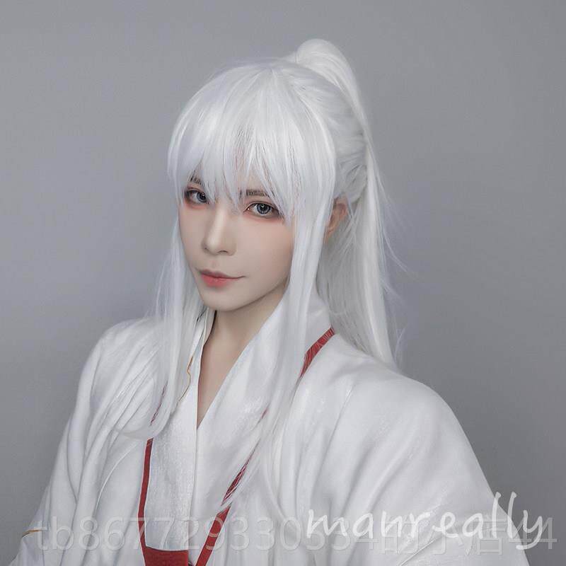 高档漫真假发男古风假毛cos用汉服品白饰色万虎长口夹马尾发逼真