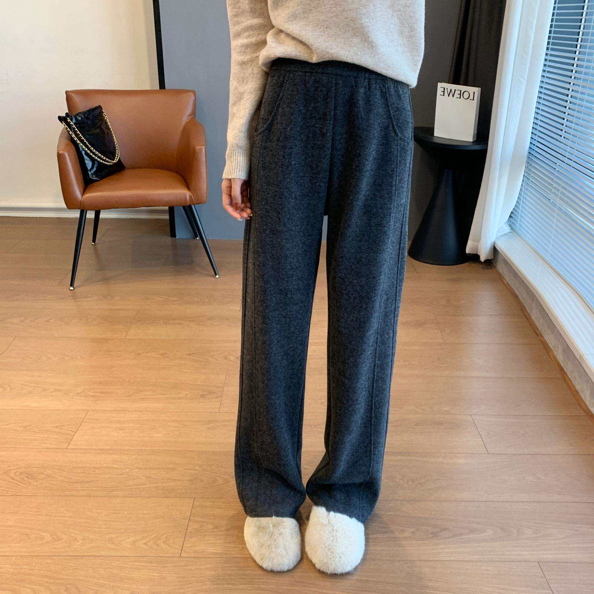 垂感人字纹秋冬臧肉加厚软糯宽松拖地羊毛裤直筒裤女秋冬