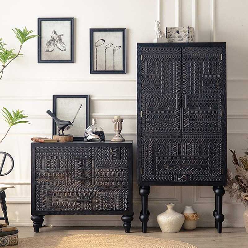 美式黑色鞋柜复古斗柜餐边柜现代雕花实木家具ins轻奢入户玄关J&,3C数码配件,摄像机配件,淘宝优惠券,粉丝福利购,淘宝优惠卷