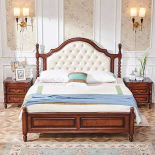 美式乡村柱子描黑深白色软包皮女孩双老人气压储物2米全实木大床