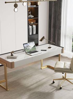 现代皮轻书桌简约台式家用岩板FCU电奢桌子小户脑型马鞍学习办公