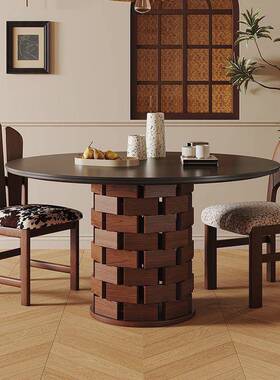 实古风黑色圆形岩板圆桌子家用饭桌户型组合法式复IPH桌小古木餐