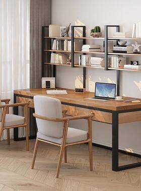 实木桌双人书桌带抽屉一体书家用学习架写字桌loft卧室办RXI公电