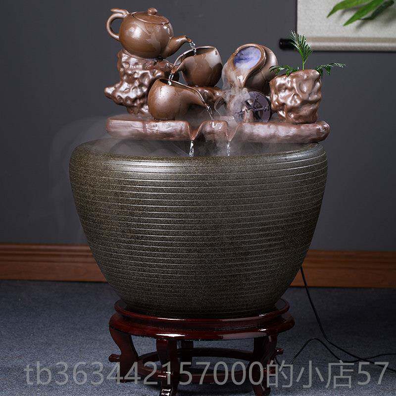 高档景德镇流水鱼缸大号循环流陶水过滤加氧养鱼盆客厅中摆式装饰