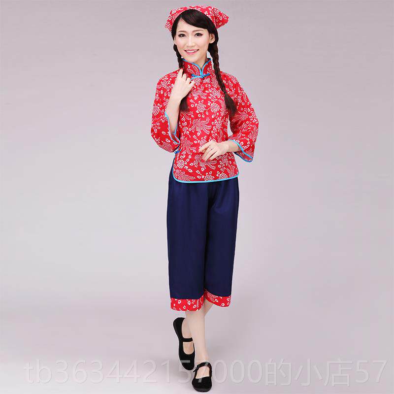 高档款民族舞蹈采茶女服装茶新道姑阿庆嫂演出广场舞村碎花表演拍