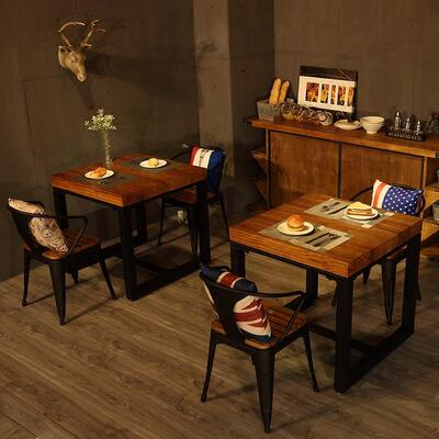 工业正方形餐TX89995桌椅组合艺实风木四铁方桌复古奶茶店餐吃饮