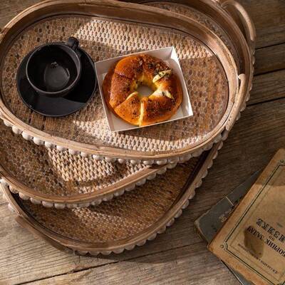 复古藤托盘日式装桌面收编纳盘长方形果盘茶盘84308实木饰盘子